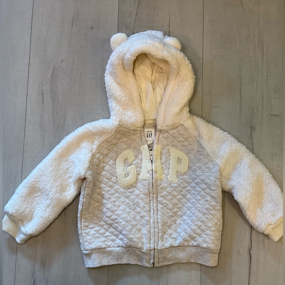 GAP Kids Cream and‎ Gray Quilted Sherpa Hoodie